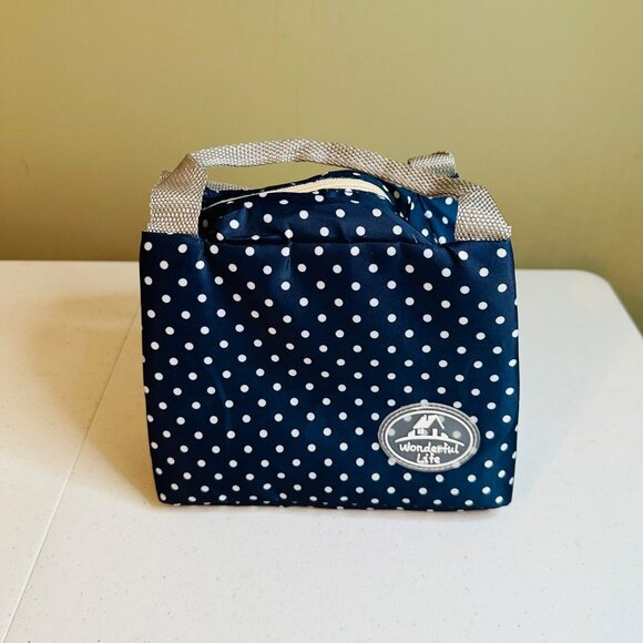Small Blue Polka Dot Insulated Lunch Bag With Handles & Zipper Closure - Picture 6 of 11